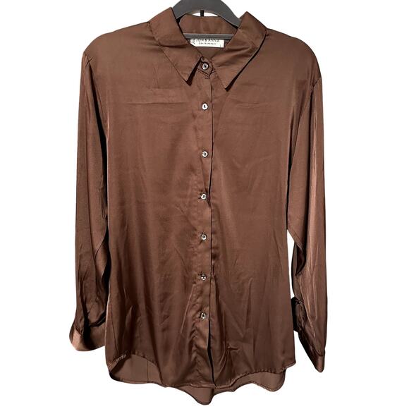 NWOT Chocolate Brown Silky Button Down Collard Shirt - Size Large - Picture 1 of 3